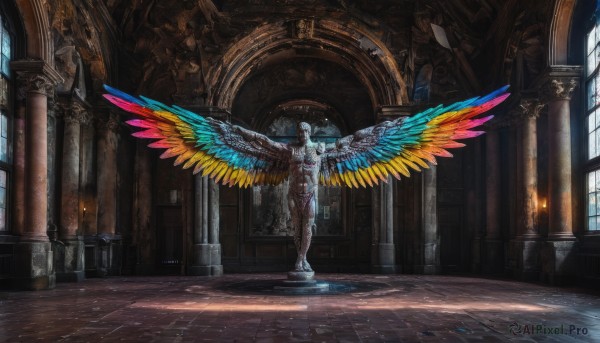 solo,standing,wings,day,indoors,no humans,window,sunlight,scenery,feathered wings,light rays,fantasy,architecture,sunbeam,pillar,statue,stained glass,church,arch,spread wings,column,halo,cross,fire,feathers,angel wings,angel,tiles,candle,tile floor,blue fire,blue wings,multiple wings,stone floor