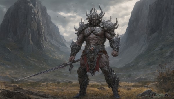 solo,1boy,holding,standing,full body,weapon,male focus,boots,outdoors,horns,sky,sword,cloud,holding weapon,armor,muscular,bird,thick thighs,holding sword,abs,helmet,cloudy sky,pectorals,muscular male,shoulder armor,gauntlets,scenery,bara,pelvic curtain,veins,pauldrons,rock,mountain,vambraces,fake horns,greaves,loincloth,mountainous horizon,horned helmet,tattoo,breastplate,grey sky,leg armor