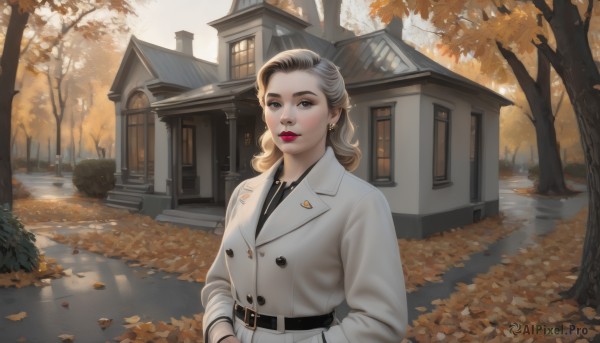 1girl,solo,long hair,looking at viewer,blonde hair,brown hair,shirt,long sleeves,brown eyes,jewelry,jacket,upper body,multicolored hair,earrings,outdoors,day,belt,water,necklace,tree,lips,coat,grey eyes,black shirt,makeup,buttons,leaf,lipstick,building,scenery,buckle,reflection,black belt,belt buckle,realistic,hands in pockets,white coat,red lips,double-breasted,autumn leaves,autumn,falling leaves,parted lips,window,sunlight,eyeshadow,house