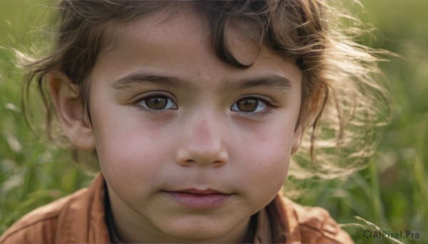 1girl,solo,looking at viewer,short hair,brown hair,1boy,brown eyes,closed mouth,male focus,outdoors,signature,blurry,lips,floating hair,depth of field,blurry background,wind,portrait,close-up,freckles,realistic,nose,artist name,eyelashes,expressionless,sunlight