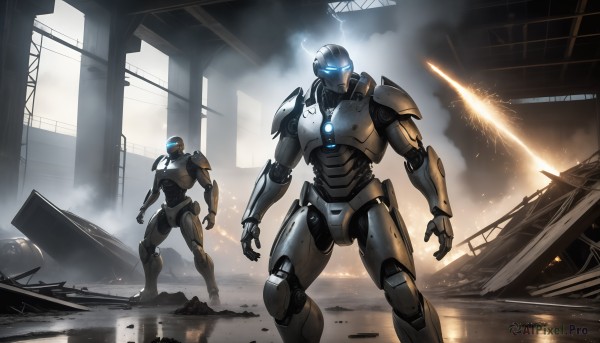 HQ,1boy,standing,weapon,multiple boys,2boys,armor,gun,military,glowing,helmet,robot,building,mecha,glowing eyes,smoke,science fiction,realistic,military vehicle,ruins,damaged,power armor,dust,power suit,no humans,battle,laser,hologram