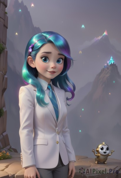 1girl,solo,long hair,breasts,looking at viewer,blush,smile,bangs,blue eyes,shirt,hair ornament,long sleeves,blue hair,standing,jacket,white shirt,pink hair,purple hair,multicolored hair,cowboy shot,small breasts,outdoors,parted lips,green hair,necktie,teeth,hairclip,striped,shiny,collared shirt,pants,artist name,shiny hair,two-tone hair,animal,black pants,formal,blazer,white jacket,suit,gem,blue necktie,arms at sides,striped necktie,diagonal stripes,hairband,lips,aqua hair,rock,mountain