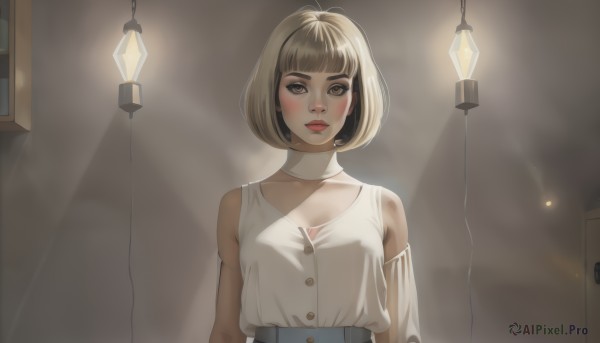 1girl,solo,breasts,looking at viewer,blush,short hair,bangs,skirt,brown hair,shirt,cleavage,bare shoulders,brown eyes,medium breasts,closed mouth,white shirt,upper body,choker,indoors,blunt bangs,lips,blue skirt,clothing cutout,makeup,buttons,bob cut,lipstick,arms at sides,red lips,light,white choker,jewelry,earrings,detached sleeves,realistic