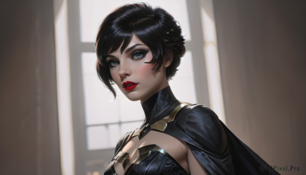 1girl,solo,breasts,looking at viewer,blush,short hair,bangs,blue eyes,black hair,cleavage,medium breasts,upper body,parted lips,teeth,indoors,cape,armor,blurry,lips,eyelashes,window,makeup,blurry background,cleavage cutout,lipstick,eyeshadow,nose,black cape,red lips,mascara,portrait,superhero