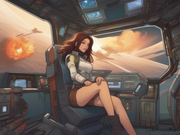 1girl,solo,long hair,breasts,smile,brown hair,long sleeves,brown eyes,medium breasts,sitting,closed mouth,boots,shorts,indoors,lips,short shorts,floating hair,crossed legs,science fiction,space,explosion,hand on own knee,monitor,planet,brown shorts,spacecraft,spacesuit,cockpit,pilot,joystick,looking at viewer,jacket,belt,window,earth (planet)