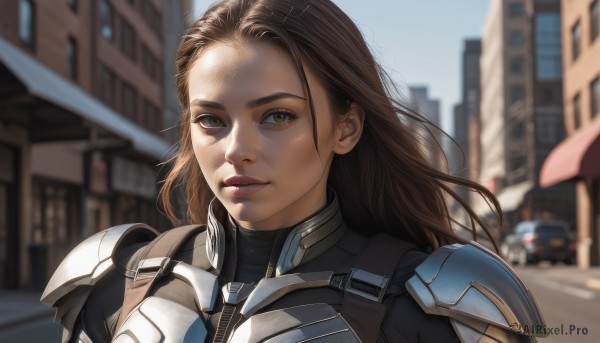 1girl,solo,long hair,looking at viewer,smile,brown hair,brown eyes,closed mouth,upper body,outdoors,parted lips,sky,day,armor,blurry,lips,bodysuit,depth of field,blurry background,ground vehicle,shoulder armor,building,portrait,motor vehicle,forehead,pauldrons,city,realistic,nose,car,power armor,blue sky,makeup,sunlight,lipstick,wind,close-up,road,shoulder pads,street