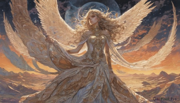 1girl,solo,long hair,breasts,blonde hair,dress,bare shoulders,jewelry,closed mouth,standing,yellow eyes,earrings,outdoors,wings,sky,cloud,white dress,lips,dutch angle,floating hair,wavy hair,looking away,moon,star (sky),feathered wings,full moon,starry sky,angel wings,shawl,mountain,white wings,angel,holding,parted lips,necklace,looking to the side,halo,staff,fantasy,holding staff,multiple wings,large wings