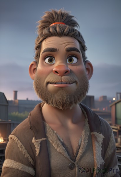 solo,looking at viewer,smile,open mouth,brown hair,shirt,1boy,brown eyes,collarbone,upper body,ponytail,male focus,outdoors,sky,teeth,day,blurry,fur trim,blurry background,facial hair,thick eyebrows,fire,building,beard,freckles,city,mustache,brown shirt,chest hair,topknot,jacket,yellow eyes,parted lips,artist name,vest,lips,hair tie