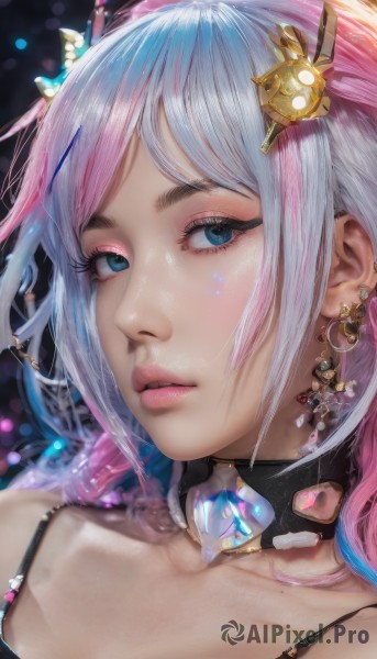 1girl,solo,long hair,looking at viewer,bangs,blue eyes,hair ornament,bare shoulders,jewelry,blue hair,collarbone,pink hair,white hair,multicolored hair,earrings,parted lips,choker,two-tone hair,lips,eyelashes,gradient hair,makeup,piercing,lipstick,gem,ear piercing,portrait,close-up,eyeshadow,realistic,nose,eyeliner,mascara,grey hair,shiny,mole,collar,pink lips