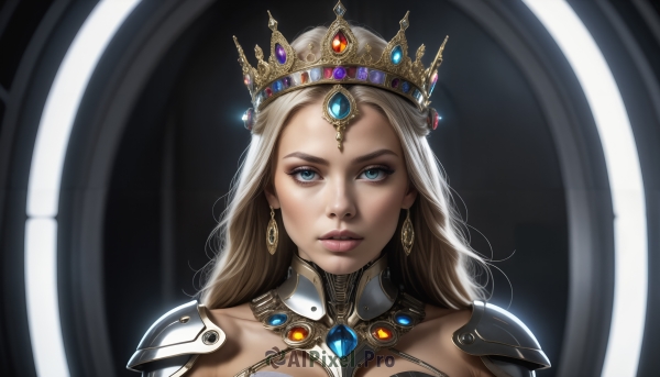 HQ,1girl,solo,long hair,looking at viewer,blue eyes,blonde hair,jewelry,closed mouth,earrings,armor,lips,makeup,tiara,crown,shoulder armor,gem,portrait,pauldrons,realistic,nose