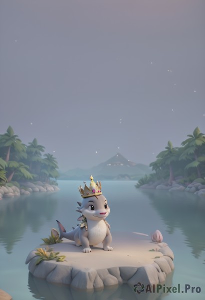 solo,smile,open mouth,tail,full body,outdoors,sky,water,black eyes,tree,pokemon (creature),no humans,night,bird,crown,star (sky),night sky,starry sky,reflection,rock,animal focus,shell,lake,blue eyes,green eyes,virtual youtuber,scenery