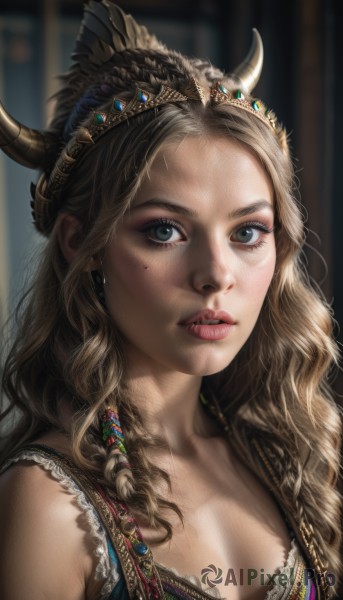 1girl,solo,long hair,breasts,looking at viewer,blue eyes,blonde hair,brown hair,hair ornament,cleavage,jewelry,medium breasts,upper body,braid,earrings,parted lips,horns,mole,blurry,lips,eyelashes,mole under eye,makeup,blurry background,wavy hair,tiara,feathers,gem,portrait,eyeshadow,freckles,curly hair,realistic,nose,headdress,fake horns,feather hair ornament,mascara,dress,green eyes,collarbone,teeth,crown