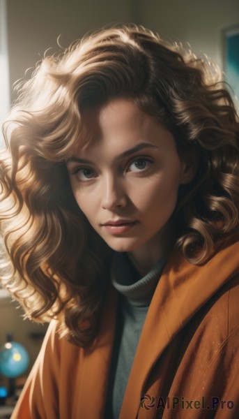 1girl,solo,long hair,looking at viewer,brown hair,brown eyes,closed mouth,jacket,upper body,signature,dark skin,medium hair,blurry,sweater,dark-skinned female,lips,coat,eyelashes,depth of field,blurry background,wavy hair,messy hair,portrait,freckles,curly hair,realistic,nose,indoors,sunlight,orange jacket