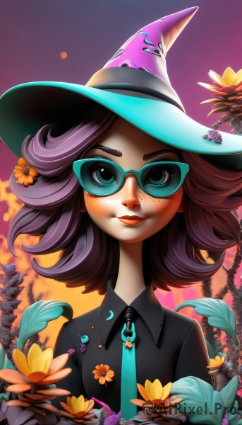 1girl,solo,looking at viewer,smile,short hair,shirt,hair ornament,hat,closed mouth,green eyes,upper body,purple hair,flower,outdoors,necktie,glasses,collared shirt,artist name,hair flower,medium hair,lips,black shirt,makeup,witch hat,leaf,watermark,plant,wing collar,lipstick,portrait,web address,freckles,sunset,blue necktie,yellow flower,witch,blue-framed eyewear,brown hair,sky,tree,aqua necktie,white-framed eyewear