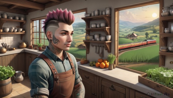 solo,short hair,brown hair,shirt,1boy,brown eyes,jewelry,closed mouth,upper body,pink hair,purple hair,male focus,multicolored hair,earrings,food,sky,collared shirt,cloud,indoors,apron,tree,lips,plaid,window,tattoo,fruit,bird,piercing,plant,spiked hair,ear piercing,scenery,sleeves rolled up,mountain,basket,potted plant,overalls,arm tattoo,undercut,plaid shirt,orange (fruit),kitchen,mohawk,cactus,cutting board,checkered shirt,1girl,cup,grass,knife,apple,sun,carrot,facial tattoo,sink,onion