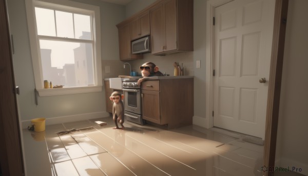 short hair,1boy,hat,standing,multiple boys,indoors,no humans,window,bottle,towel,building,scenery,reflection,mirror,door,tiles,bathroom,wide shot,kitchen,sink,cabinet,washing machine,1girl,open mouth,brown hair,black hair,male focus,2boys,goggles,age difference,bucket,locker