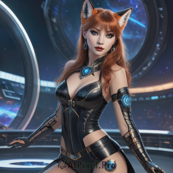 1girl,solo,long hair,breasts,looking at viewer,smile,bangs,large breasts,brown hair,gloves,animal ears,cleavage,bare shoulders,brown eyes,jewelry,medium breasts,tail,cowboy shot,earrings,shorts,black gloves,elbow gloves,belt,cat ears,fingerless gloves,mole,leotard,lips,fox ears,makeup,fox tail,lipstick,gem,black leotard,science fiction,red lips,thighhighs,artist name,orange hair,grey eyes,watermark,fox girl,realistic,space,planet