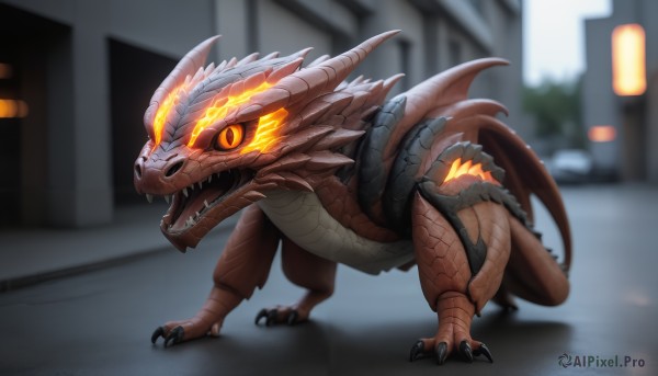 HQ,solo,open mouth,standing,tail,full body,yellow eyes,outdoors,wings,horns,teeth,blurry,orange eyes,pokemon (creature),no humans,blurry background,glowing,fangs,sharp teeth,building,glowing eyes,claws,colored sclera,monster,city,dragon,road,scales,street,kaijuu