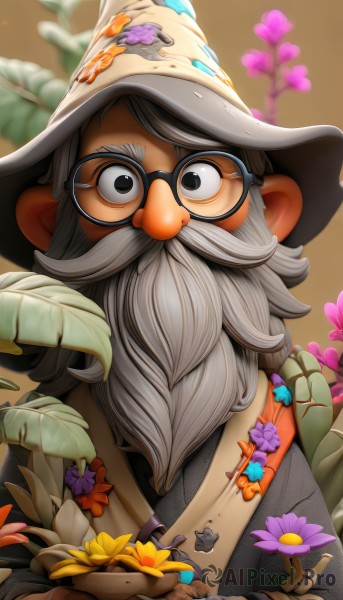 solo,looking at viewer,gloves,1boy,hat,holding,upper body,flower,grey hair,male focus,glasses,artist name,blurry,black eyes,grey eyes,witch hat,blurry background,facial hair,thick eyebrows,plant,beard,brown gloves,black-framed eyewear,yellow flower,round eyewear,mustache,purple flower,old,old man,grey headwear,orange flower,long hair,depth of field,leaf,white headwear,watermark,portrait,web address,pink flower,brown background,robe,wide-eyed,wizard