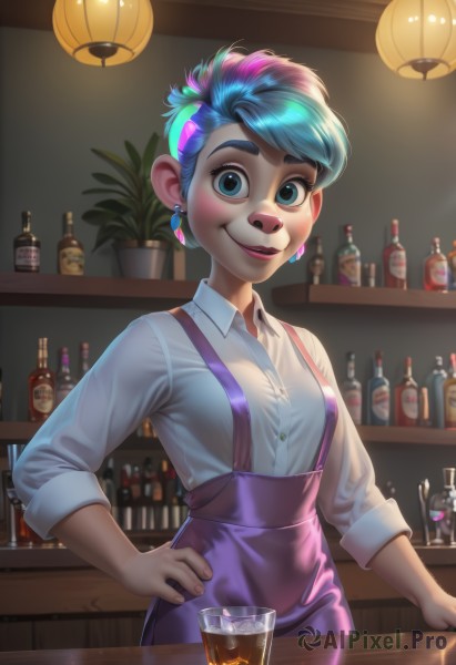 1girl,solo,breasts,looking at viewer,blush,smile,short hair,bangs,blue eyes,skirt,shirt,hair ornament,long sleeves,jewelry,closed mouth,blue hair,standing,white shirt,pink hair,multicolored hair,cowboy shot,earrings,small breasts,collared shirt,indoors,nail polish,two-tone hair,cup,lips,see-through,hand on hip,eyelashes,dress shirt,makeup,buttons,swept bangs,piercing,suspenders,bottle,plant,wing collar,lipstick,ear piercing,alcohol,sleeves rolled up,drinking glass,purple skirt,ice,nose,suspender skirt,glass,stud earrings,shelf,sleeves pushed up,bar (place),ice cube,counter,cocktail glass,bartender,artist name,apron,aqua hair,potted plant,overalls