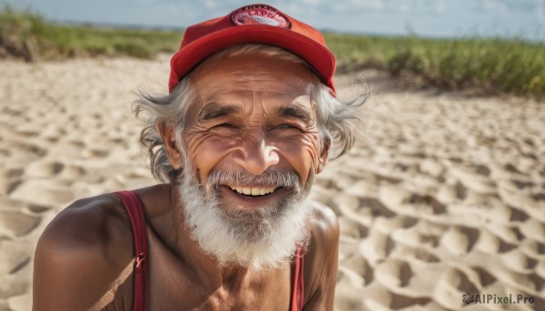 solo,looking at viewer,smile,1boy,hat,closed eyes,upper body,white hair,grey hair,male focus,outdoors,teeth,day,grin,blurry,blurry background,facial hair,suspenders,red headwear,facing viewer,beard,meme,realistic,mustache,manly,old,old man,photo background,wrinkled skin,shirt,closed mouth,collarbone,one eye closed,sky,blue sky,depth of field,thick eyebrows,grass