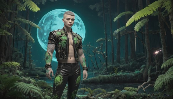 solo,looking at viewer,short hair,1boy,navel,jewelry,closed mouth,standing,jacket,grey hair,male focus,earrings,outdoors,open clothes,sky,pants,necklace,vest,bracelet,open jacket,tree,tattoo,muscular,night,black pants,abs,moon,pectorals,plant,star (sky),nature,night sky,full moon,forest,arm tattoo,very short hair,leather,leather jacket,mohawk,leather pants,white hair,water,open shirt,glowing,leaf,realistic