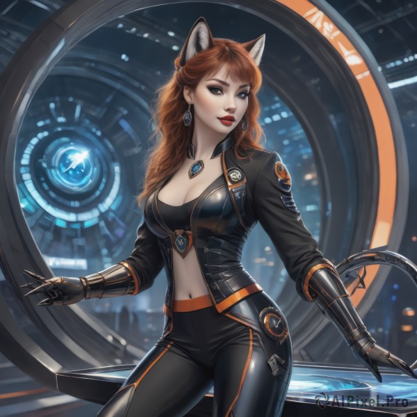 1girl,solo,long hair,breasts,looking at viewer,smile,large breasts,brown hair,gloves,navel,animal ears,cleavage,brown eyes,jewelry,medium breasts,standing,jacket,tail,cowboy shot,earrings,black gloves,midriff,pants,cat ears,lips,cat tail,bodysuit,makeup,black pants,lipstick,gauntlets,gem,science fiction,contrapposto,red lips,mechanical arms,bangs,red hair,open clothes,orange hair,fox ears,skin tight,extra ears,curly hair,realistic,leather,cyberpunk