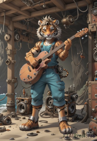 solo,looking at viewer,smile,short hair,open mouth,black hair,1boy,holding,animal ears,standing,tail,full body,closed eyes,white hair,male focus,multicolored hair,teeth,belt,artist name,indoors,signature,muscular,fangs,watermark,instrument,furry,animal hands,sand,furry female,music,guitar,overalls,cable,furry male,tiger ears,body fur,white fur,tiger tail,playing instrument,holding instrument,animal nose,electric guitar,tiger,brown fur,speaker,tiger girl,wire,plectrum,tiger boy,orange fur,multicolored fur,tiger stripes,amplifier,shirt,jewelry,closed mouth,collarbone,yellow eyes,sleeveless,pants,water,tank top,blue shirt,muscular male,web address,claws,colored sclera,pocket,black belt,blue pants,brown belt,black fur,radio