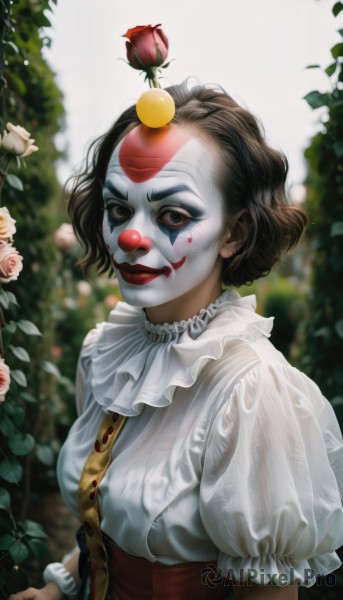 1girl,solo,breasts,looking at viewer,smile,short hair,brown hair,shirt,black hair,dress,brown eyes,closed mouth,white shirt,upper body,flower,short sleeves,outdoors,frills,food,day,puffy sleeves,blurry,black eyes,puffy short sleeves,lips,makeup,mask,fruit,blurry background,rose,white flower,lipstick,frilled sleeves,red flower,red rose,apple,red lips,facepaint,white rose,object on head,clown,hair ornament,leaf,pale skin