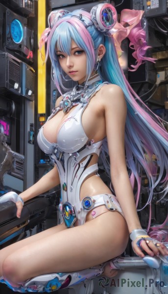 1girl,solo,long hair,breasts,looking at viewer,bangs,blue eyes,large breasts,hair ornament,gloves,cleavage,bare shoulders,jewelry,sitting,very long hair,blue hair,pink hair,thighs,multicolored hair,earrings,white gloves,fingerless gloves,hair bun,nail polish,two-tone hair,leotard,lips,double bun,makeup,headgear,science fiction,realistic,nose,white leotard,monitor,medium breasts,aqua hair,ring