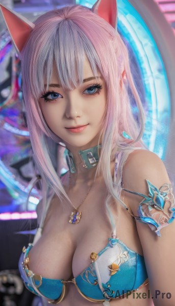 1girl,solo,long hair,breasts,looking at viewer,smile,bangs,blue eyes,animal ears,cleavage,bare shoulders,jewelry,medium breasts,closed mouth,underwear,swimsuit,upper body,pink hair,white hair,bikini,choker,cat ears,necklace,bra,blurry,collar,lips,eyelashes,makeup,blurry background,pendant,realistic,blue bra,bikini armor,artist name,armor,shoulder armor,armlet