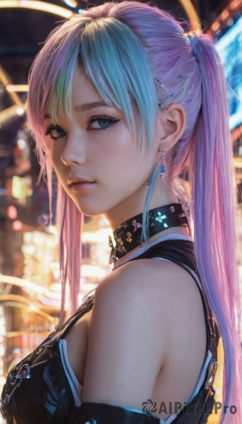 1girl,solo,long hair,breasts,looking at viewer,bangs,blue eyes,hair ornament,dress,bare shoulders,twintails,jewelry,medium breasts,closed mouth,blue hair,upper body,pink hair,multicolored hair,earrings,detached sleeves,sleeveless,choker,blurry,from side,two-tone hair,lips,eyelashes,makeup,blurry background,realistic,nose,mascara,hair between eyes,sidelocks,artist name,black dress,streaked hair,depth of field,watermark,black choker,expressionless