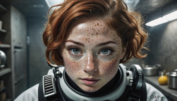 1girl,solo,looking at viewer,short hair,brown hair,closed mouth,green eyes,indoors,blurry,lips,grey eyes,eyelashes,bodysuit,blurry background,messy hair,portrait,freckles,reflection,science fiction,curly hair,realistic,straight-on,dirty,spacesuit,dirty face,blood,depth of field,wavy hair,expressionless,close-up,forehead,injury,blood on face,nose,kitchen