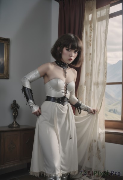 1girl,solo,breasts,looking at viewer,short hair,bangs,brown hair,black hair,dress,cleavage,bare shoulders,brown eyes,jewelry,medium breasts,closed mouth,standing,collarbone,small breasts,boots,belt,indoors,nail polish,white dress,collar,lips,window,strapless,chain,bob cut,curtains,strapless dress,red lips,hair ornament,gloves,full body,detached sleeves,see-through,makeup,watermark,bridal gauntlets,web address,corset,spikes,realistic,skirt hold