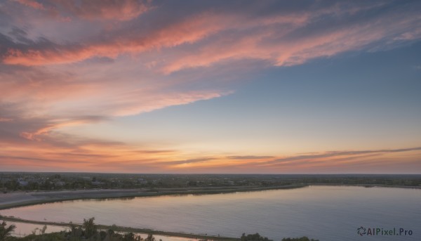 outdoors,sky,cloud,water,tree,no humans,ocean,cloudy sky,grass,plant,nature,scenery,reflection,sunset,sun,horizon,river,evening,landscape,gradient sky,orange sky,hill,forest,shore