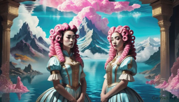 long hair,breasts,looking at viewer,multiple girls,dress,2girls,cleavage,pink hair,short sleeves,outdoors,sky,day,puffy sleeves,cloud,dark skin,pink eyes,water,dark-skinned female,puffy short sleeves,makeup,blue dress,siblings,drill hair,sisters,dual persona,reflection,curly hair,twins,mirror,mountain,pillar,lake,symmetry,different reflection,1girl,bangs,hair ornament,medium breasts,alternate costume,artist name,watermark,own hands together,twin drills,pink skin