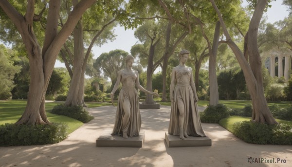 1girl,short hair,multiple girls,brown hair,hat,dress,2girls,standing,flower,outdoors,day,white dress,tree,shadow,holding hands,sunlight,grass,nature,scenery,walking,bush,statue,breasts,1boy,closed mouth,closed eyes,white hair,sky,sleeveless,muscular,sleeveless dress,white headwear,abs,plant,arms at sides,road,dappled sunlight,path