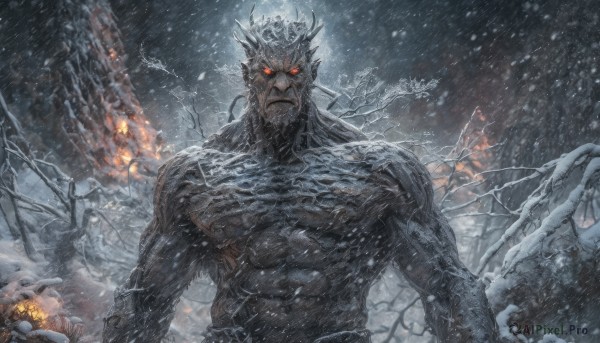 solo,looking at viewer,red eyes,1boy,male focus,outdoors,horns,teeth,tree,no humans,glowing,fire,crown,glowing eyes,snow,monster,snowing,antlers,bare tree,upper body,white hair,muscular,facial hair,abs,beard