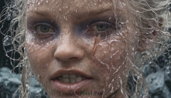 1girl,solo,looking at viewer,short hair,blonde hair,brown eyes,green eyes,white hair,parted lips,teeth,water,blurry,lips,wet,scar,clenched teeth,portrait,scar on face,close-up,realistic,nose,eyelashes