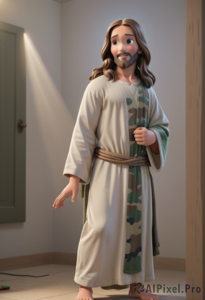 1girl,solo,long hair,brown hair,long sleeves,1boy,brown eyes,standing,full body,male focus,parted lips,barefoot,indoors,black eyes,facial hair,clenched hand,beard,robe,mustache,door,controller,teeth,lips,sash,toes,wide-eyed,realistic