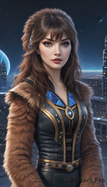 1girl,solo,long hair,breasts,looking at viewer,bangs,brown hair,hair ornament,brown eyes,jewelry,medium breasts,upper body,outdoors,parted lips,sky,belt,lips,coat,grey eyes,fur trim,makeup,night,moon,lipstick,building,gem,star (sky),night sky,starry sky,freckles,city,realistic,nose,red lips,cityscape,planet,artist name,eyeshadow,space