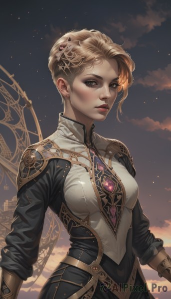 1girl,solo,breasts,looking at viewer,short hair,blonde hair,hair ornament,long sleeves,dress,brown eyes,jewelry,medium breasts,closed mouth,upper body,earrings,outdoors,sky,artist name,cloud,armor,lips,grey eyes,makeup,lipstick,gem,eyeshadow,gold trim,nose,red lips,stud earrings,eyeliner,mascara,parted lips,wings,sunset,asymmetrical hair,very short hair