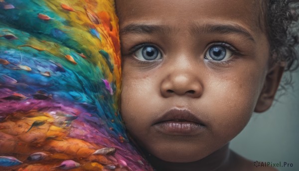 1girl, solo, looking at viewer, blue eyes, black hair, dark skin, lips, eyelashes, feathers, portrait, close-up, realistic