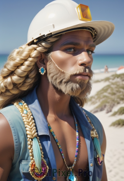 solo,long hair,looking at viewer,blue eyes,blonde hair,1boy,hat,jewelry,closed mouth,collarbone,upper body,braid,male focus,earrings,outdoors,open clothes,sky,sleeveless,solo focus,day,dark skin,water,necklace,blurry,vest,blue sky,lips,muscular,depth of field,blurry background,facial hair,ocean,white headwear,beach,dark-skinned male,blue shirt,pectorals,gem,beard,pendant,curly hair,mature male,realistic,nose,mustache,sand,blue vest,chest hair,pectoral cleavage,open vest,cowboy hat,very dark skin,blue gemstone,dreadlocks,breasts,shirt,green eyes,short sleeves,shiny,open shirt,no bra,thick eyebrows,pocket,unbuttoned,breast pocket,badge,multiple braids