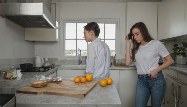 1girl,long hair,brown hair,shirt,black hair,1boy,brown eyes,standing,white shirt,short sleeves,food,pants,indoors,cup,window,fruit,facial hair,phone,table,plant,denim,t-shirt,jeans,realistic,blue pants,potted plant,cooking,orange (fruit),kitchen,sink,counter,cabinet,kettle,stove,cutting board,short hair,long sleeves,holding,closed mouth,closed eyes,day,belt,lips,bowl,stubble,basket,shirt tucked in,mandarin orange,faucet