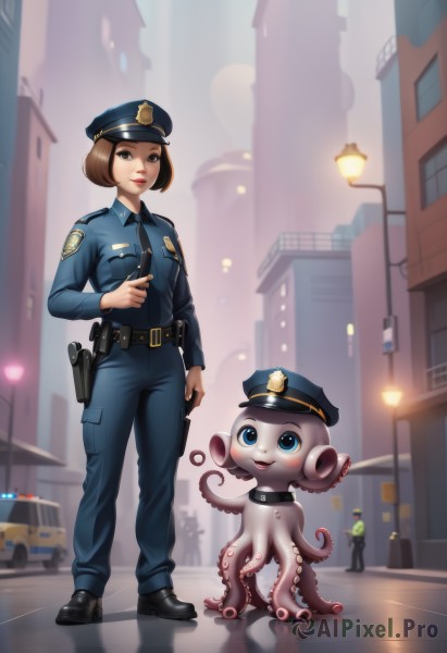 1girl,looking at viewer,smile,short hair,blue eyes,brown hair,shirt,long sleeves,hat,holding,brown eyes,standing,full body,weapon,outdoors,necktie,shoes,collared shirt,belt,pants,artist name,black footwear,holding weapon,uniform,lips,gun,blue shirt,ground vehicle,building,holding gun,black necktie,motor vehicle,tentacles,buckle,handgun,reflection,black belt,tentacle hair,belt buckle,city,car,road,holster,badge,police,lamppost,street,police uniform,revolver,octopus,policewoman,police hat,walkie-talkie,blush,1boy,bob cut,peaked cap,monster