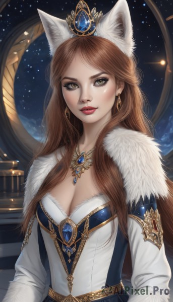 1girl,solo,long hair,breasts,looking at viewer,smile,brown hair,long sleeves,dress,animal ears,cleavage,brown eyes,jewelry,medium breasts,yellow eyes,upper body,earrings,sky,cat ears,necklace,lips,fur trim,makeup,night,crown,lipstick,gem,star (sky),starry sky,red lips,bangs,large breasts,closed mouth,artist name,fox ears,eyelashes,wolf ears,realistic