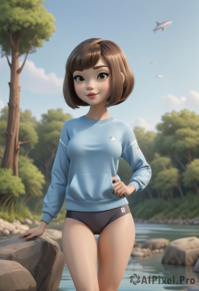 1girl,solo,breasts,looking at viewer,smile,short hair,bangs,brown hair,shirt,long sleeves,brown eyes,closed mouth,standing,small breasts,outdoors,parted lips,sky,shorts,day,artist name,cloud,water,nail polish,blurry,tree,blue sky,lips,hand on hip,short shorts,blurry background,bird,thigh gap,bob cut,thick eyebrows,blue shirt,no pants,nature,wading,forest,rock,nose,river,watermark,grass,freckles,buruma,red lips,black buruma