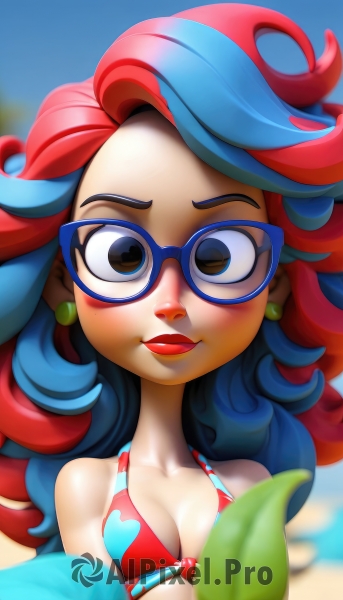 1girl,solo,long hair,breasts,looking at viewer,smile,cleavage,bare shoulders,brown eyes,jewelry,medium breasts,closed mouth,blue hair,collarbone,swimsuit,upper body,bikini,red hair,multicolored hair,earrings,small breasts,outdoors,glasses,day,artist name,blurry,two-tone hair,lips,eyelashes,makeup,depth of field,blurry background,leaf,beach,lipstick,eyeshadow,personification,freckles,red bikini,curly hair,red lips,blue-framed eyewear,blush,blue eyes,heart,streaked hair,bikini top only,heart print,food-themed earrings