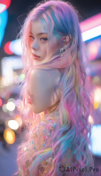 1girl,solo,long hair,looking at viewer,blue eyes,bare shoulders,jewelry,blue hair,upper body,pink hair,multicolored hair,earrings,looking back,off shoulder,blurry,lips,gradient hair,depth of field,blurry background,wavy hair,piercing,ear piercing,realistic,nose,bokeh,dress,very long hair,closed mouth,artist name,necklace,from side,eyelashes,makeup,watermark,gem